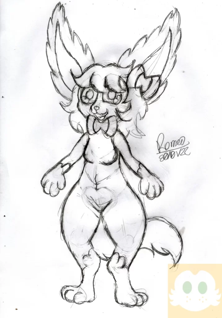 Desenho da Bea sem a roupa mostrando as marcas da pelagem dela