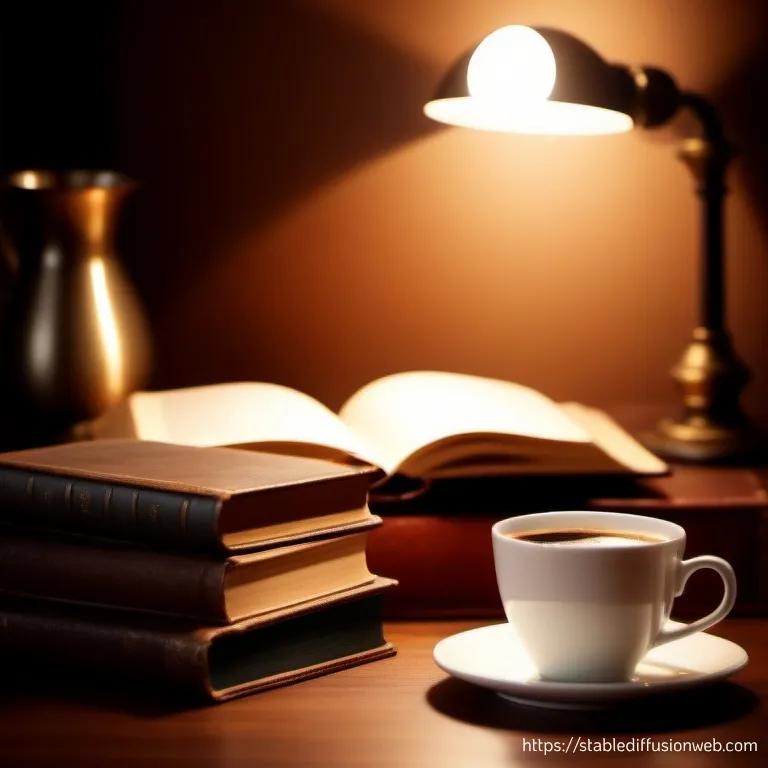 A table photograph with a lamp, some books, a cup of coffee and a sketchbook