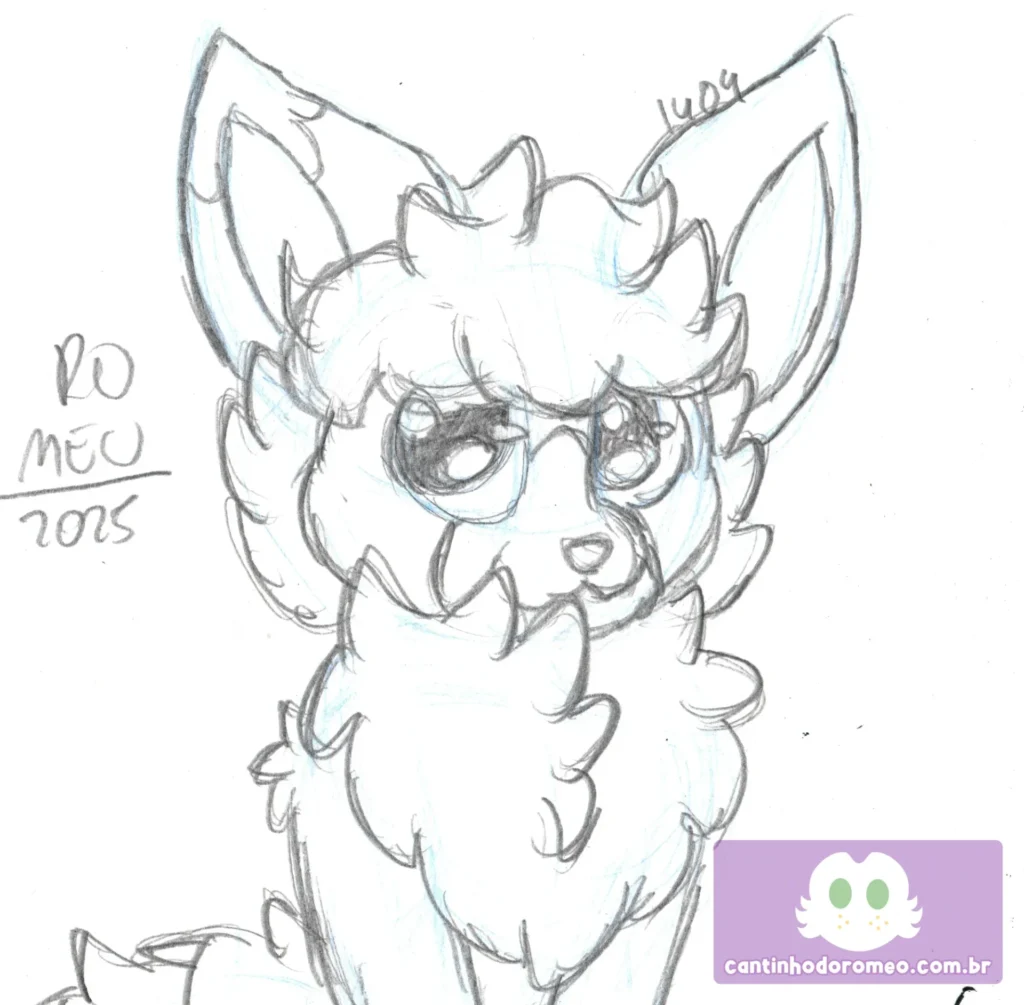 Desenho feito a lápis de um personagem guaxinim antropomórfico com traços cartunescos e estilo fofo. A criatura apresenta grandes orelhas erguidas, olhos expressivos e brilhantes, além de um volumoso tufo de cabelo e uma espessa juba ao redor do pescoço. A expressão facial parece séria ou pensativa. A assinatura “Romeo 2025” está à esquerda. O traço é limpo, com linhas suaves e detalhes em azul claro utilizados como esboço base.