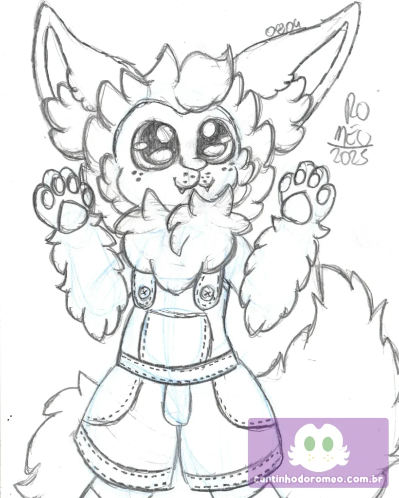Desenho feito a lápis de um personagem antropomórfico felino com estilo cartunesco e expressão alegre. A criatura possui grandes orelhas pontudas, olhos grandes e brilhantes com pupilas destacadas, além de uma fofa juba ao redor do pescoço. O personagem está em pé, com as duas patas dianteiras levantadas em um gesto animado, quase como um aceno ou saudação. Veste um macacão com bolsos e alças abotoadas, e sua cauda fofa aparece ao fundo. A assinatura “ROMEO 2025” está à direita. Linhas suaves e detalhes em azul claro indicam esboços preliminares.
